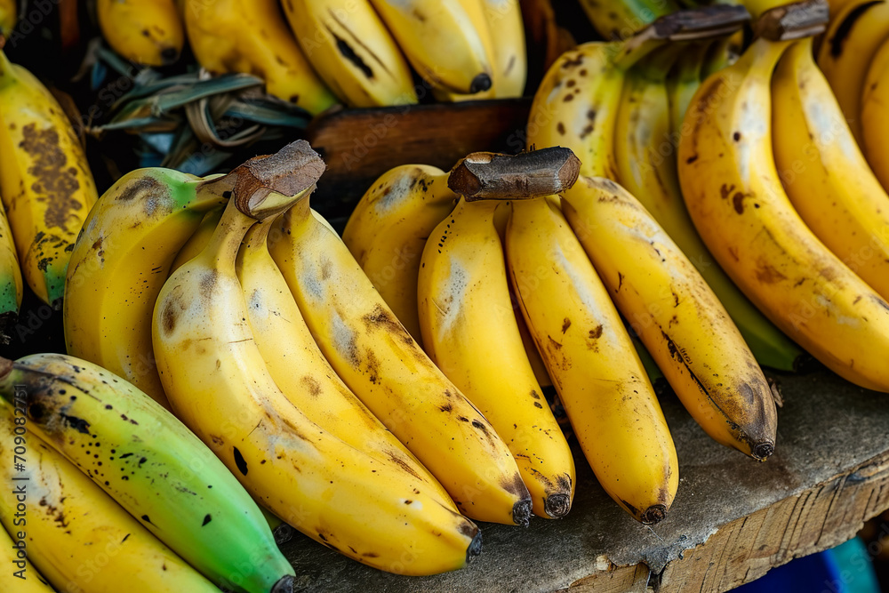 display of ripe bananas, with a few still green.