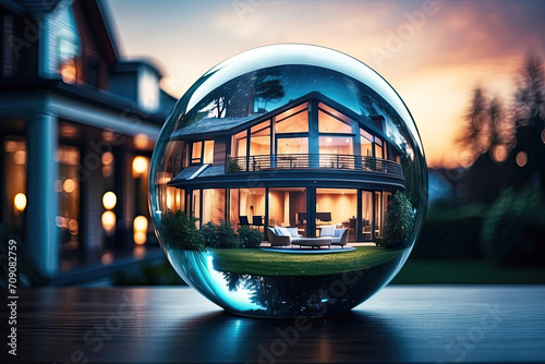 Glass globe with tiny modern house inside near big real cozy house with lights in windows in summer evening. Internal climate, ecosphere. Insurance, mortgage, real estate dream house photo