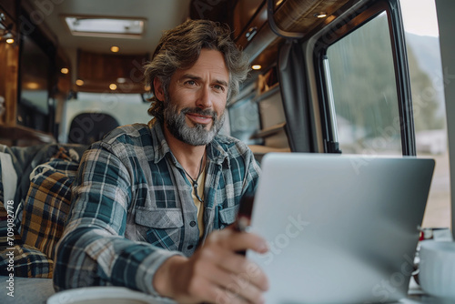 A handsome man in stylish clothes works with a laptop in a trailer, motor home. Freelancer. Work remotely. trailer home. Camping vacation