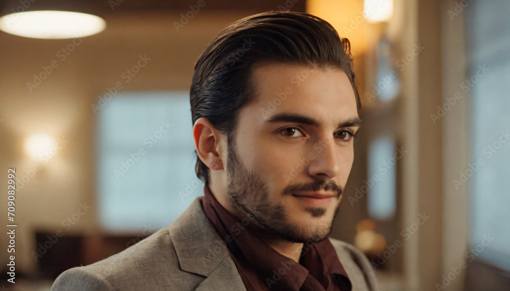 Young Dashing Man in Suit, Amber Eyes, Smiling Away from Camera Young Dashing Man in Suit, Amber Eyes, Smiling Away from Camera