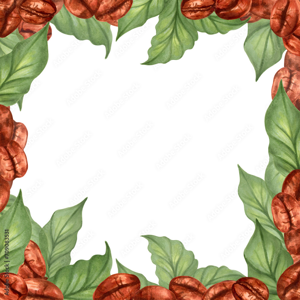 Fototapeta premium Square frame of coffee beans with leaves. Aroma of Robusta and Arabica varieties. Watercolor illustration. Coffee Day. Cappuccino, mocha, espresso, latte, chocolate ingredient. Isolated handmade art.