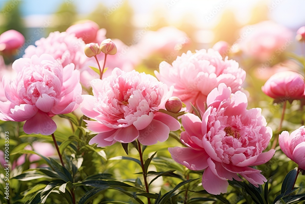 delicate soft pink peonies growing in the garden. background with flowers on a sunny day