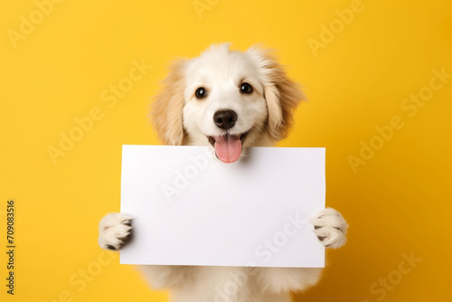 a happy puppy holds in its paws a white sheet of paper with a place for text,on a plain yellow background,a mockup for an advertising banner,a creative advertising concept