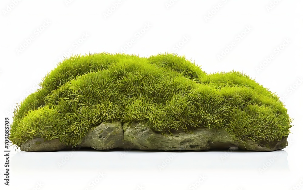 Isolated against a white background, there is a stone embellished with green moss. Isolated against a white background, there is a stone embellished with green moss.