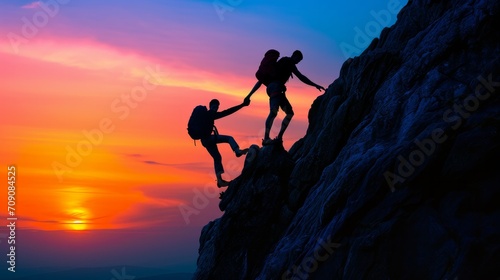 Silhouette of helping hand between two climber 