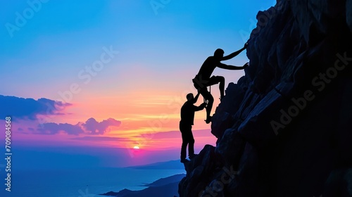 Silhouette of helping hand between two climber 