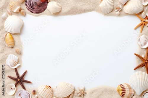 Wallpaper Mural summer sea concept banner frame with sand shells and starfish. border on a white background. Torontodigital.ca