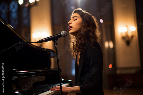 girl in a black tuxedo stands in front of a grand piano
