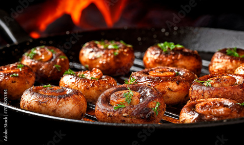 Grilled mushrooms close up, black background with copy space
