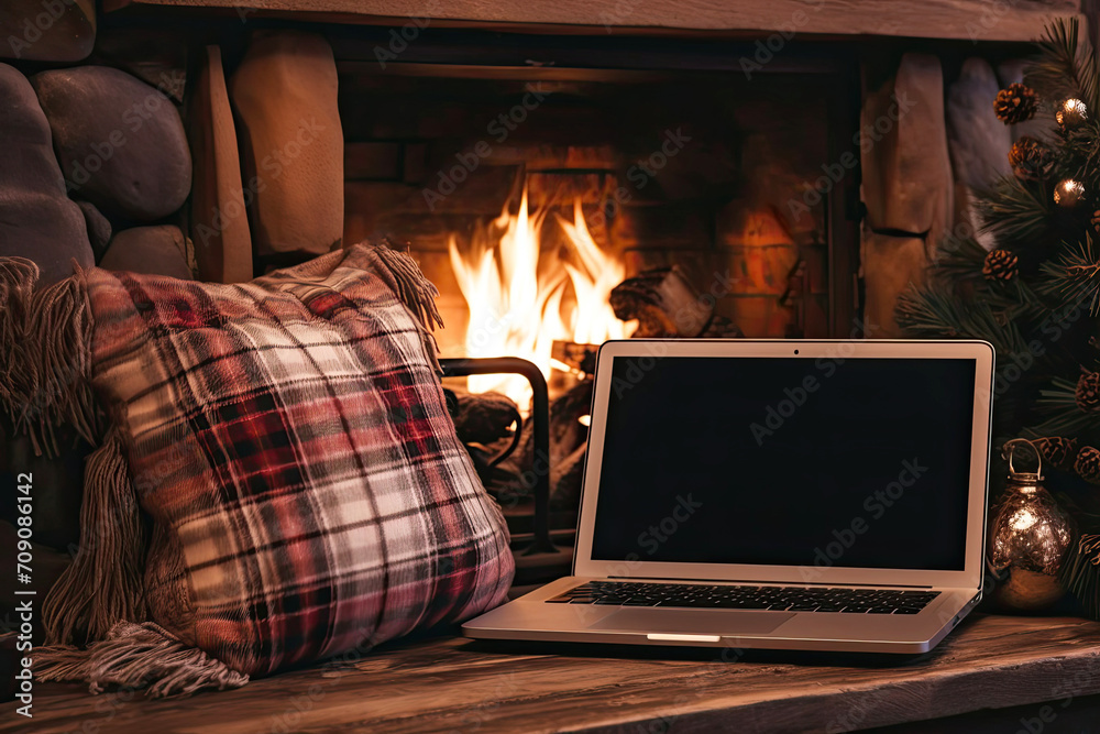 Fototapeta premium Laptop with a black screen mock up, indoor near burning fireplace in rustic style, with cozy blanket and cup of coffee. Seasonal remote work, internet, shopping