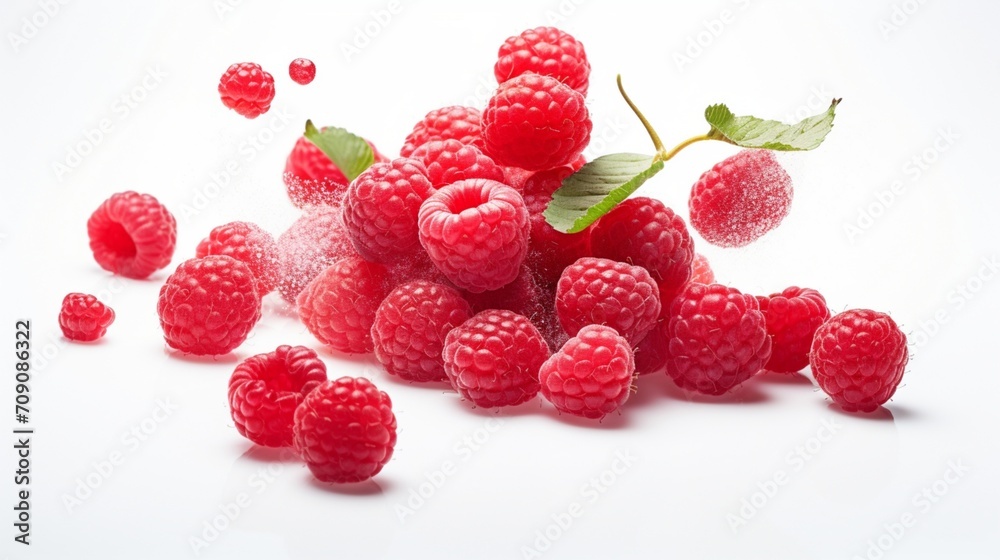 Tumbling raspberries white background - Generative AI Tumbling raspberries white background - Generative AI