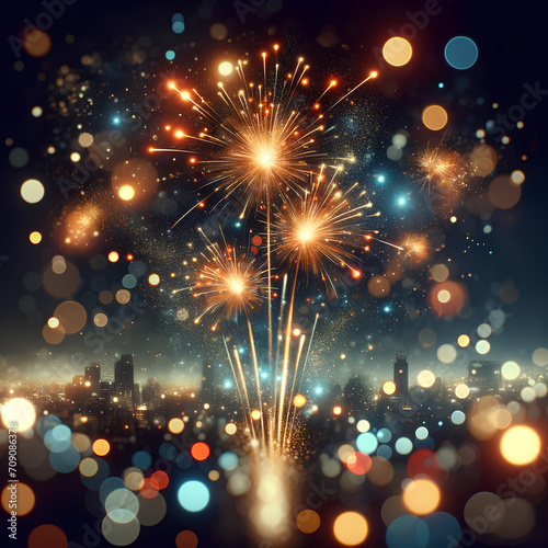 An image of sparkling fireworks, with the composition focused on fireworks bursting in warm colors like gold and orange, with bright sparkles generative AI