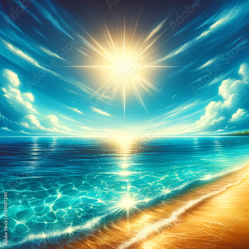 A vivid illustration of a serene tropical beach scene, with crystal clear water gently lapping onto a golden sandy shore under a radiant blue sky generative AI 