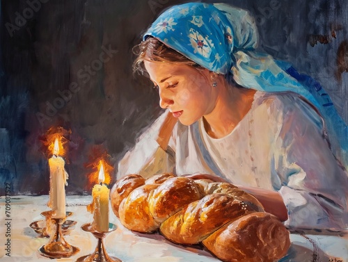 Shabbat Shalom jewish Woman lighting the Shabat Candles. AI Generative photo