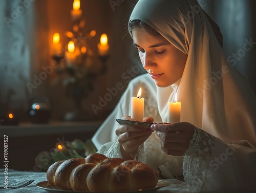 Shabbat Shalom jewish Woman lighting the Shabat Candles. AI Generative photo