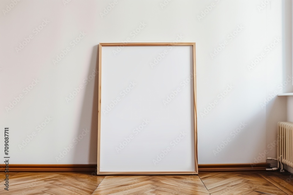 large portrait frame in room with neutral interior design and parquet floor large portrait frame in room with neutral interior design and parquet floor
