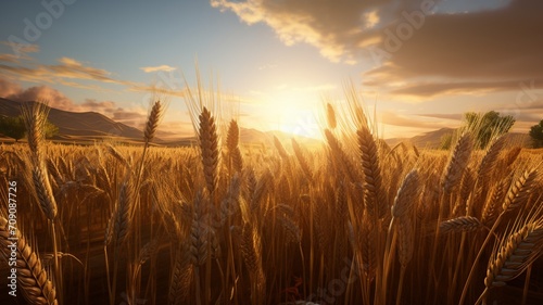 The golden hues of a wheat field under the warm glow of the setting sun -Generative Ai
