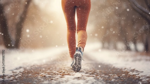 Women legs jogging in snowy winter, back view, falling snow - Generative AI