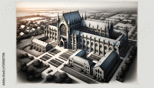A sketch of an institutional building in an aerial view, showcasing Gothic architecture with influences from I.M. Pei, set in a rural environment generative AI photo