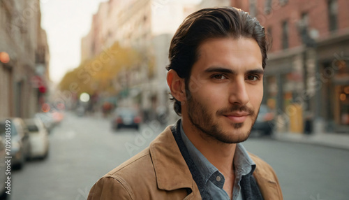 Young Dashing Man with Amber Eyes Smiling in a Bustling City Street - Headshot Portrait