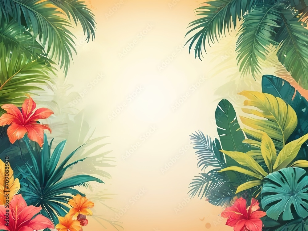 Tropical background with palm leaves and hibiscus flowers. Background with copy space