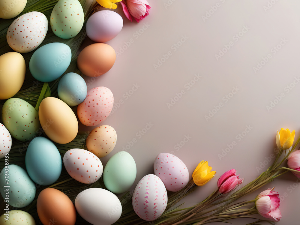 Colorful easter eggs with flowers on a pastel background with copy space