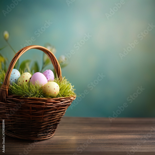 Easter eggs in a basket on a wooden table and a green background with copy space