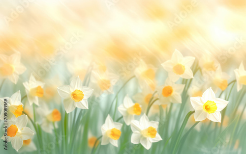 Sunlit Daffodils in a Lush Green Field: A Vibrant Bouquet of Spring Blooms on a Blue Sky Background