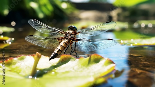 The intricate details of a dragonfly hovering over a pond in a botanical garden -Generative Ai © Online Jack Oliver