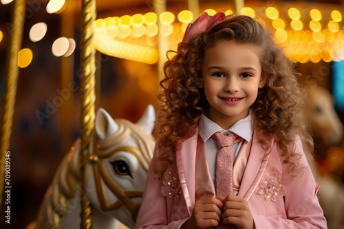 girl in a pink and gold tuxedo stands in front of a carousel