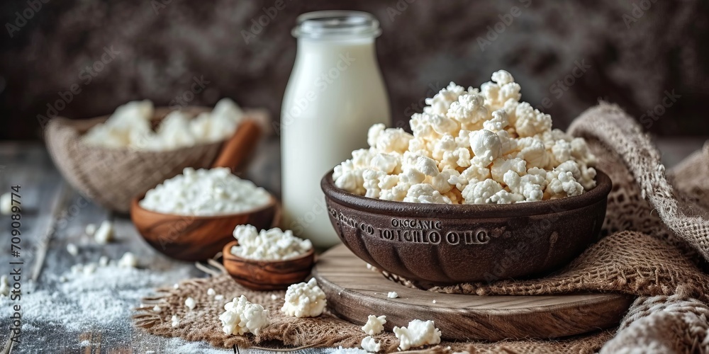 Fermented products and a bottle of milk with cottage cheese on the background of a wooden countertop and a counter with the inscription Fermented products and a bottle of milk with cottage cheese on the background of a wooden countertop and a counter with the inscription