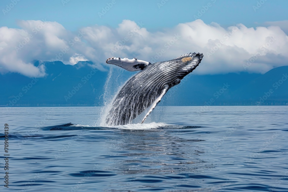 Fototapeta premium Whale Breaching the Surface: Witness the awe-inspiring spectacle of a humpback whale leaping from the ocean, set against the backdrop of a tranquil blue sea and fluffy clouds.