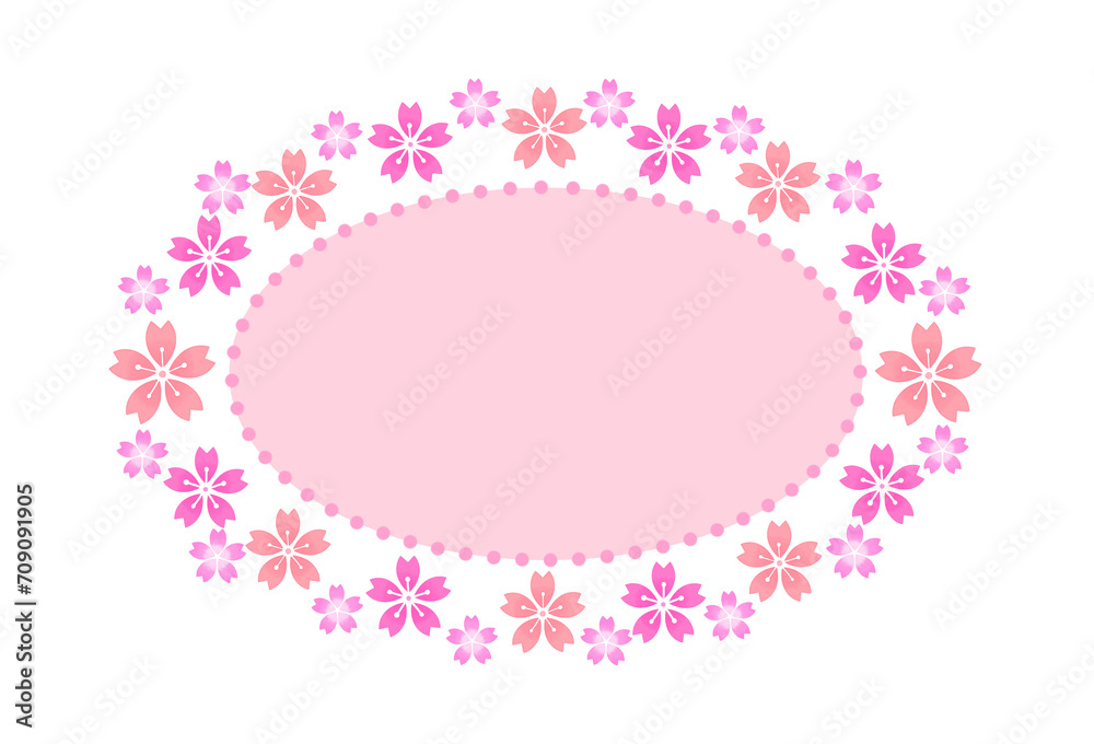 桜の楕円形フレーム　素材　丸　和風　見出し　飾り枠　飾り罫　おしゃれ　シンプル　お花見　入学　卒業　ひなまつり　ひな祭り　年賀　新春　白バック　透過