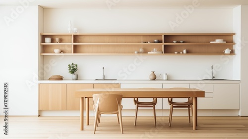 Interior design of a Japanese minimal living room and kitchen with a beautiful hardwood dining table