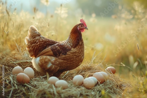 chicken hen with egg on farming laying hens harvest concept 