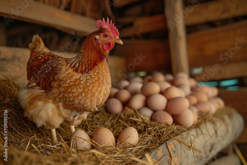 chicken hen with egg on farming laying hens harvest concept 