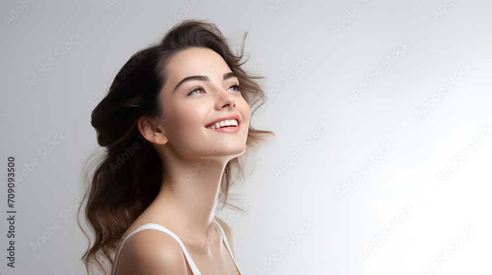 Smiling woman looking on white background generated AI