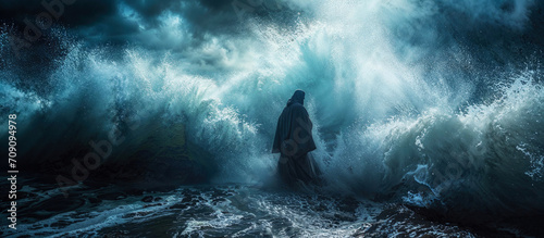 Hush be still. Jesus calms the storm on the sea. Rear view of Jesus standing at the edge of a stormy sea.