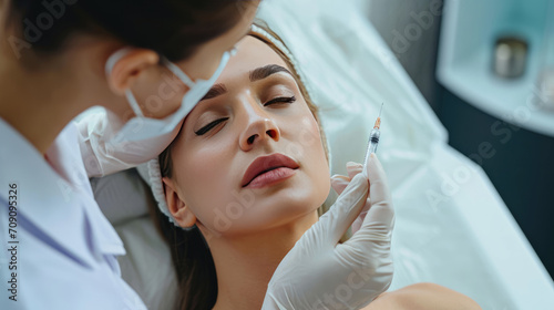 Plastic surgeon giving botox fillers injection to patient