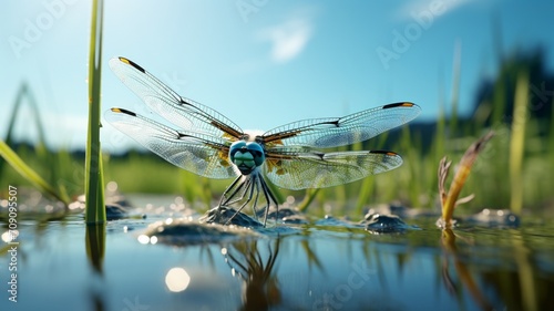 The intricate details of a dragonfly hovering over a pond in a botanical garden -Generative Ai photo