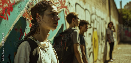 Group of teenagers standing in front of graffiti wall.