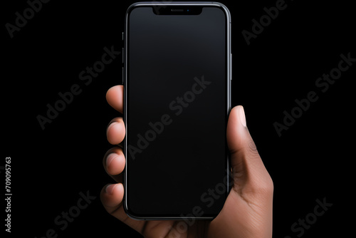 Cropped shot view of hand holding smart phone with blank copy space screen for your text generated AI