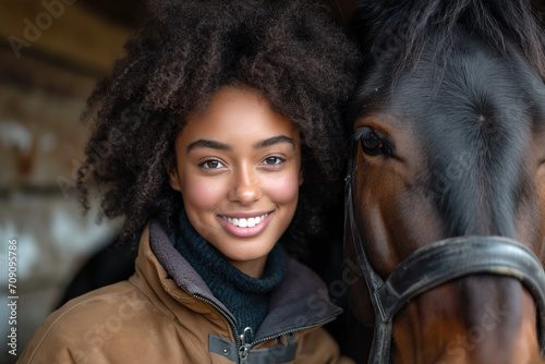 Smiling woman stroking horse in stable.