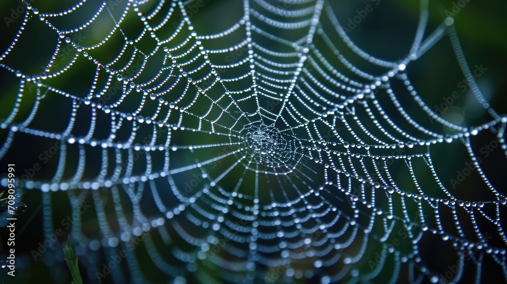 Dew-covered spider web as trap for insect 