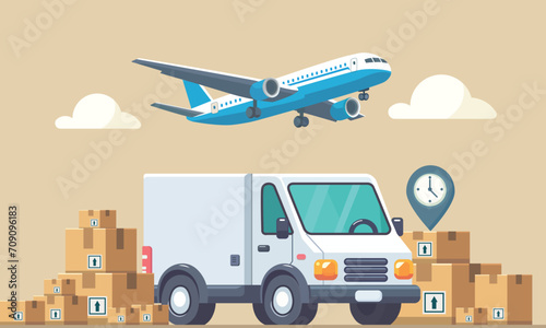 A sleek transport van, stands ready for action, symbolizing reliability and speed. Neatly stacked carton boxes promise a payload of diverse cargo. Vector illustration
