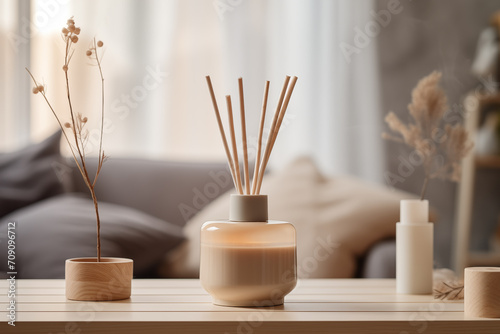 A scent diffuser bottle with flowers. Home fragrance in the form of aromatic perfume. Beige color scheme. Modern interior on blurred background photo