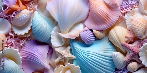 A collection of shells in various beautiful pastel colors. generative AI photo