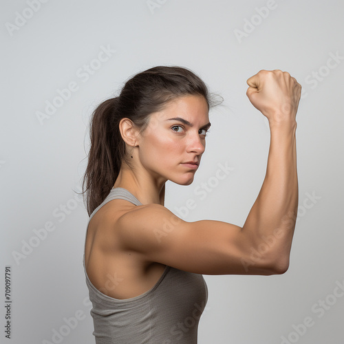 Side view low angle of determined female on face demonstrating muscles while showing girl power concept