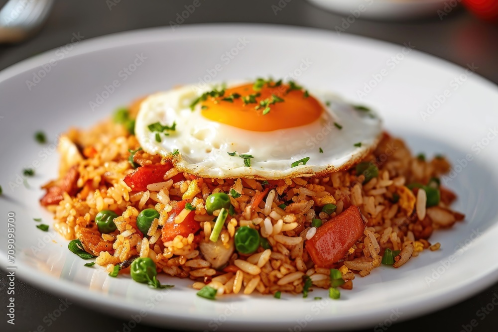 fried rice or nasi goreng with fried egg on white plate delicious indonesian food fried rice or nasi goreng with fried egg on white plate delicious indonesian food