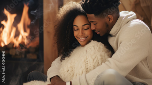Beautiful African-American couple in white sweaters hugging while sitting in front of the fireplace.